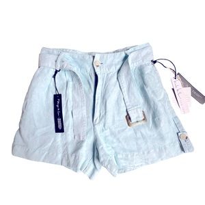 Linen/cottton Baby Blue Belted Shorts